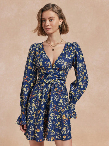 Almamuse Women V-Neck Long Sleeve Floral Print Casual Short Dress