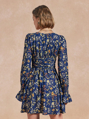 Almamuse Women V-Neck Long Sleeve Floral Print Casual Short Dress