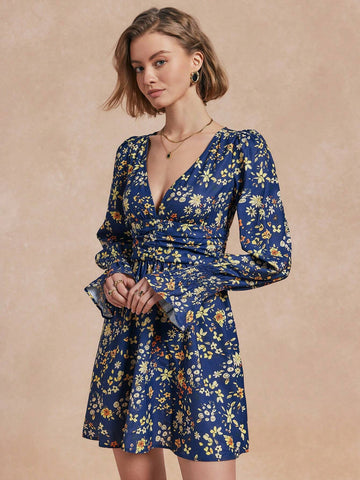 Almamuse Women V-Neck Long Sleeve Floral Print Casual Short Dress