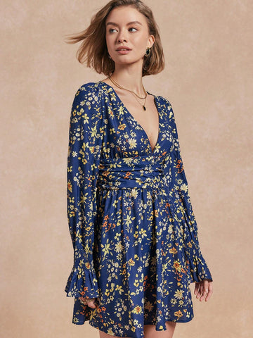Almamuse Women V-Neck Long Sleeve Floral Print Casual Short Dress