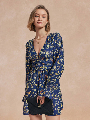 Almamuse Women V-Neck Long Sleeve Floral Print Casual Short Dress