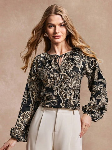 Almamuse Women's Casual Elegant All-Over Print Tie Neck Long Sleeve Shirt