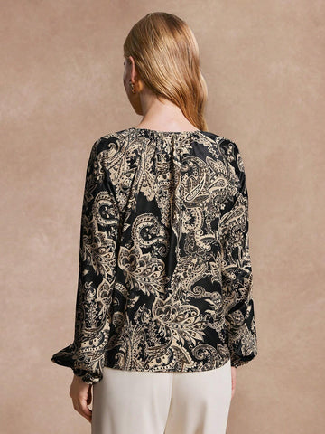 Almamuse Women's Casual Elegant All-Over Print Tie Neck Long Sleeve Shirt