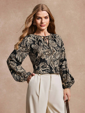 Almamuse Women's Casual Elegant All-Over Print Tie Neck Long Sleeve Shirt