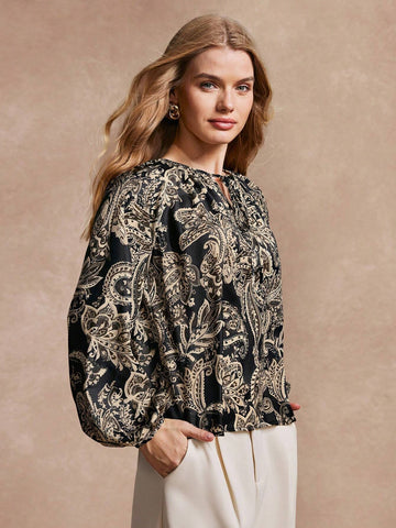 Almamuse Women's Casual Elegant All-Over Print Tie Neck Long Sleeve Shirt
