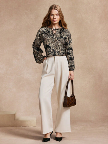 Almamuse Women's Casual Elegant All-Over Print Tie Neck Long Sleeve Shirt