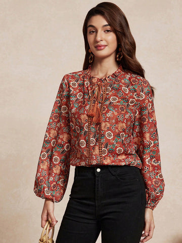 Women's Casual Floral Print Fringed Tie Neck Long Sleeve Shirt