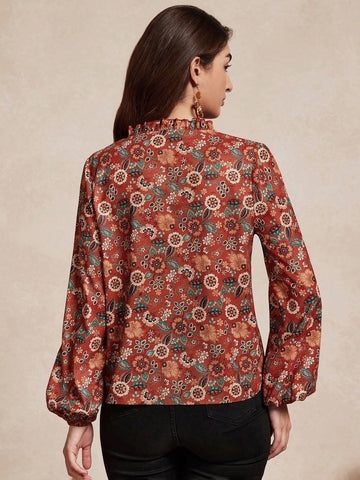 Women's Casual Floral Print Fringed Tie Neck Long Sleeve Shirt