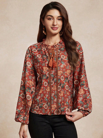 Women's Casual Floral Print Fringed Tie Neck Long Sleeve Shirt