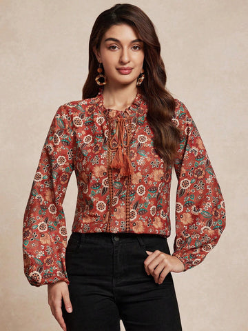 Women's Casual Floral Print Fringed Tie Neck Long Sleeve Shirt