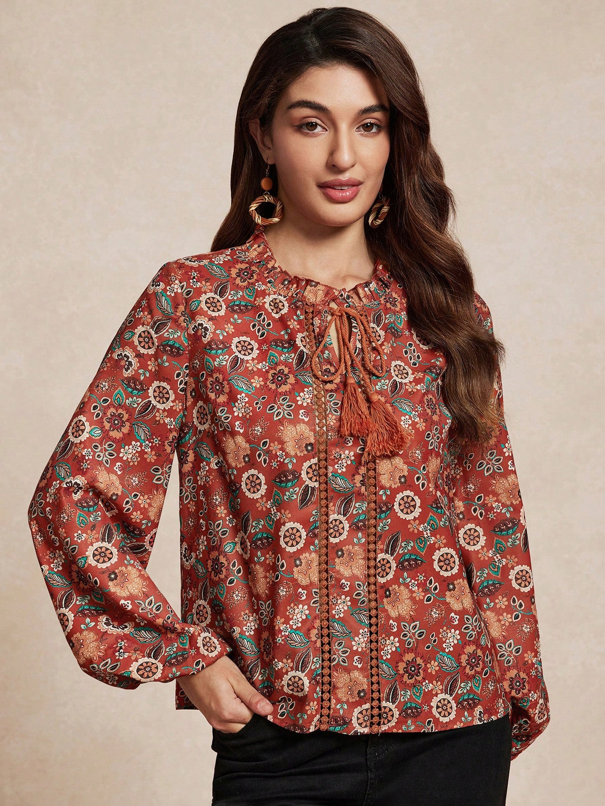 Women's Casual Floral Print Fringed Tie Neck Long Sleeve Shirt