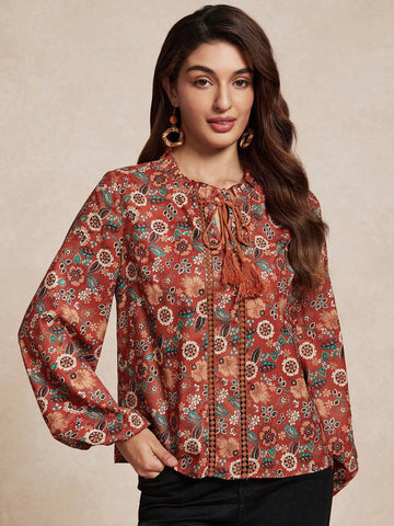 Women's Casual Floral Print Fringed Tie Neck Long Sleeve Shirt