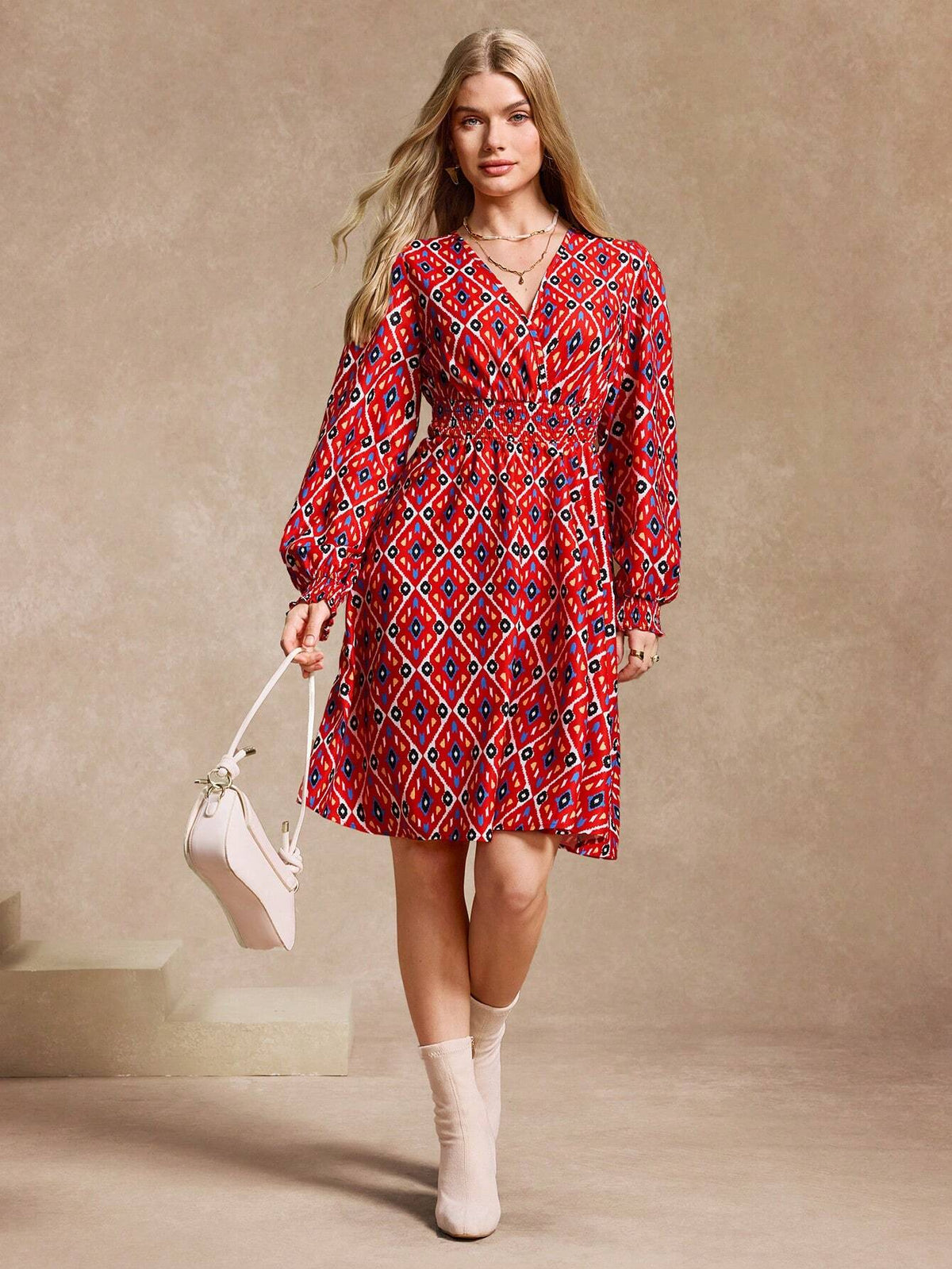 Almamuse Women's Casual Rhombus Pattern Lantern Sleeve Loose Fit Dress