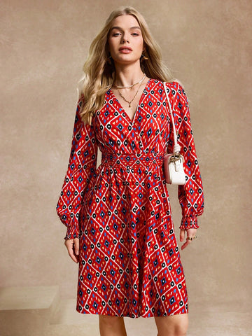 Almamuse Women's Casual Rhombus Pattern Lantern Sleeve Loose Fit Dress