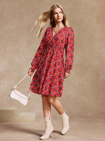 Almamuse Women's Casual Rhombus Pattern Lantern Sleeve Loose Fit Dress