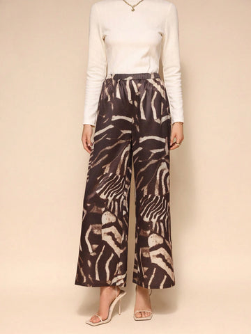 Almamuse Women's Elastic Waist Loose Wide Leg Patchwork Print Long Pants