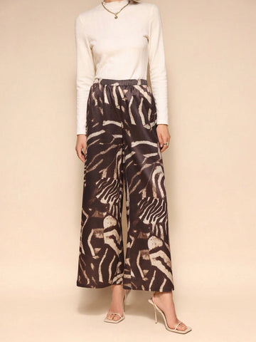 Almamuse Women's Elastic Waist Loose Wide Leg Patchwork Print Long Pants