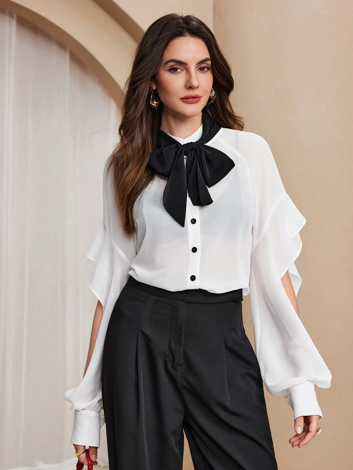 Almamuse Women's Elegant Bow Tie Blouse, Suitable For Workplace