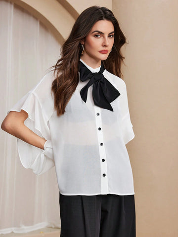 Almamuse Women's Elegant Bow Tie Blouse, Suitable For Workplace