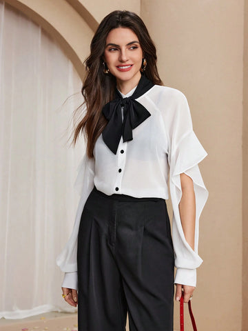 Almamuse Women's Elegant Bow Tie Blouse, Suitable For Workplace