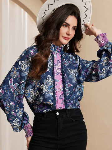 Almamuse Women's Elegant Patchwork Print Blouse