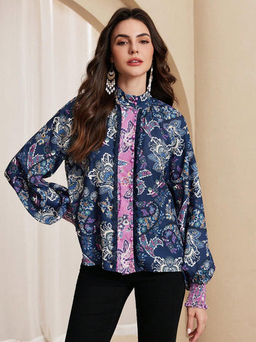Almamuse Women's Elegant Patchwork Print Blouse