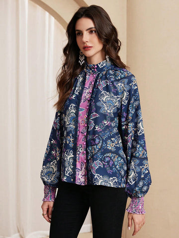 Almamuse Women's Elegant Patchwork Print Blouse