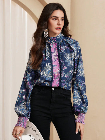 Almamuse Women's Elegant Patchwork Print Blouse