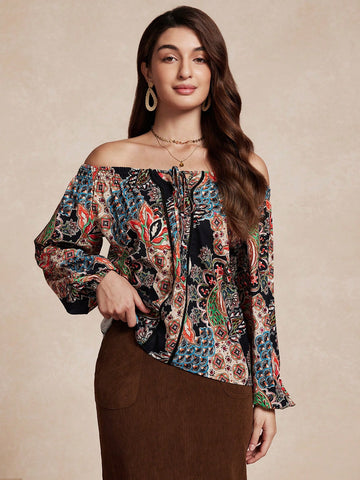 Almamuse Women's Elegant Retro Print Off Shoulder Top