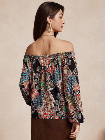 Almamuse Women's Elegant Retro Print Off Shoulder Top