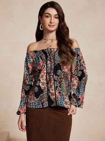 Almamuse Women's Elegant Retro Print Off Shoulder Top