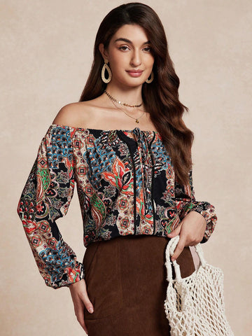 Almamuse Women's Elegant Retro Print Off Shoulder Top