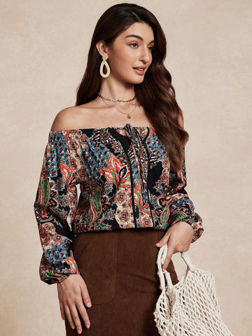 Almamuse Women's Elegant Retro Print Off Shoulder Top