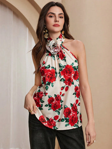 Almamuse Women's Elegant Rose Halter Sleeveless Top