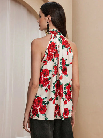 Almamuse Women's Elegant Rose Halter Sleeveless Top