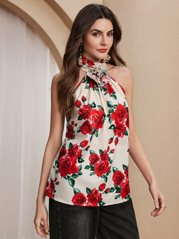 Almamuse Women's Elegant Rose Halter Sleeveless Top