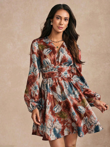 Almamuse Women's Elegant & Charming Floral Print Lantern Sleeve Dress, Autumn
