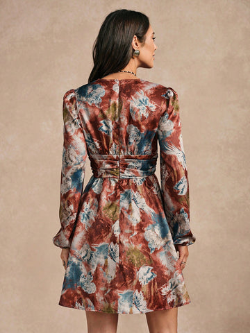 Almamuse Women's Elegant & Charming Floral Print Lantern Sleeve Dress, Autumn