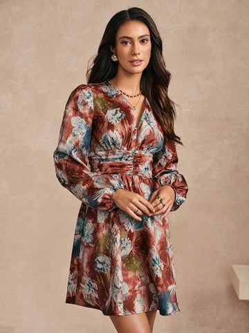 Almamuse Women's Elegant & Charming Floral Print Lantern Sleeve Dress, Autumn