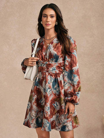 Almamuse Women's Elegant & Charming Floral Print Lantern Sleeve Dress, Autumn