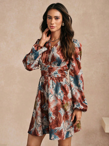Almamuse Women's Elegant & Charming Floral Print Lantern Sleeve Dress, Autumn