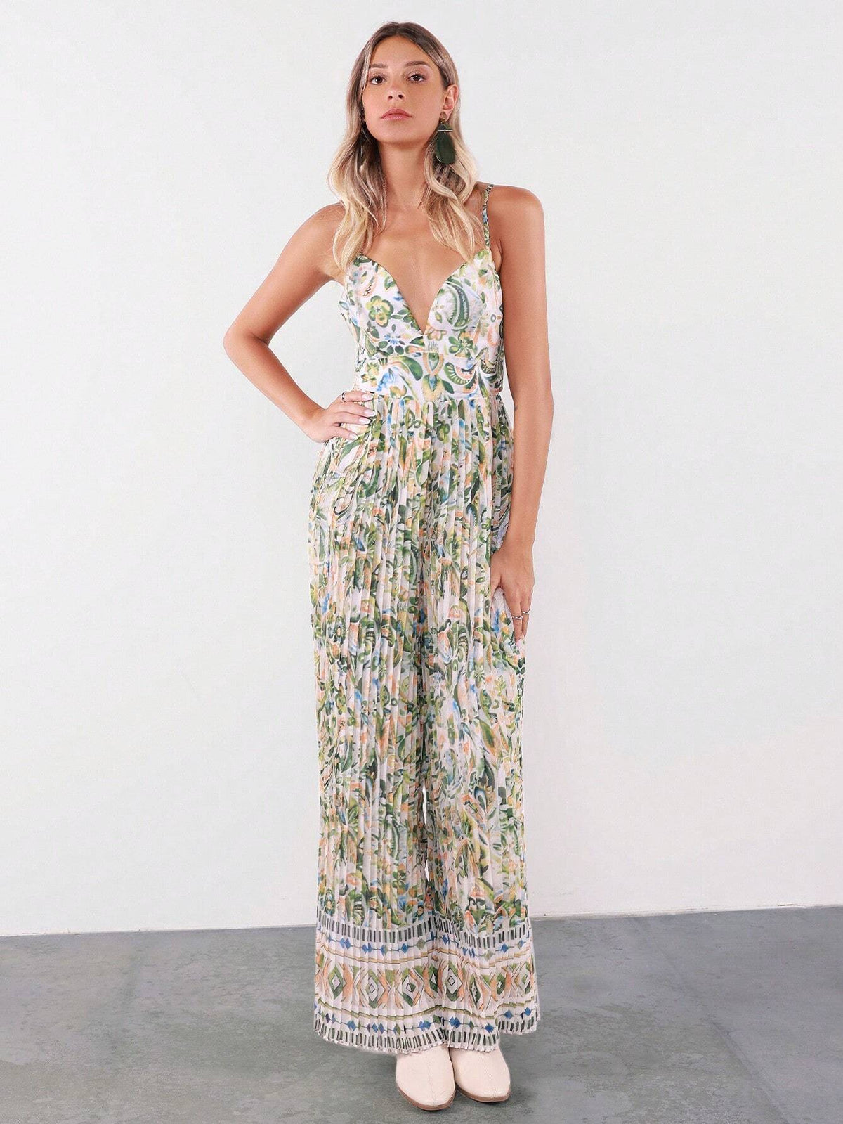 Almamuse Women's Floral Print Pleated Wide Leg Loose Elegant Jumpsuit For Holiday