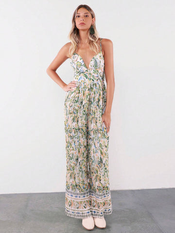 Almamuse Women's Floral Print Pleated Wide Leg Loose Elegant Jumpsuit For Holiday