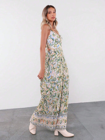 Almamuse Women's Floral Print Pleated Wide Leg Loose Elegant Jumpsuit For Holiday