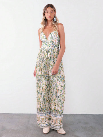 Almamuse Women's Floral Print Pleated Wide Leg Loose Elegant Jumpsuit For Holiday
