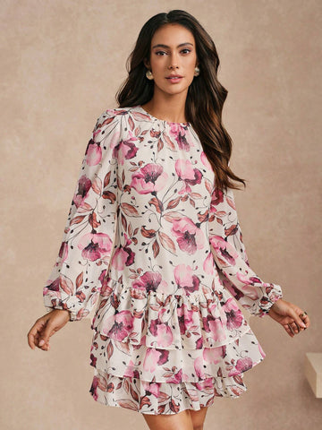 Almamuse Women's Floral Print Round Neck Lantern Sleeve Ruffle Hem Elegant Graceful Elegant Dress