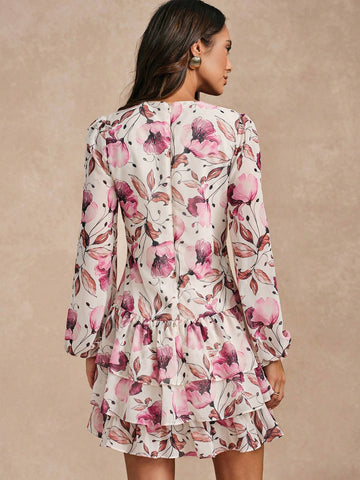 Almamuse Women's Floral Print Round Neck Lantern Sleeve Ruffle Hem Elegant Graceful Elegant Dress