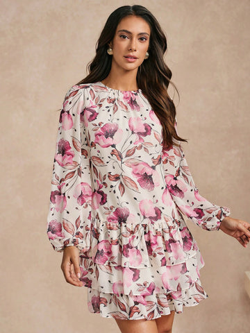 Almamuse Women's Floral Print Round Neck Lantern Sleeve Ruffle Hem Elegant Graceful Elegant Dress