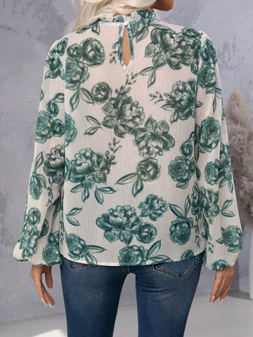 Women's Floral Print Stand Collar Long Sleeve Elegant Shirt