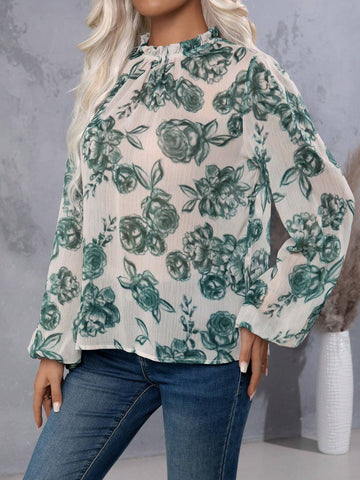 Women's Floral Print Stand Collar Long Sleeve Elegant Shirt